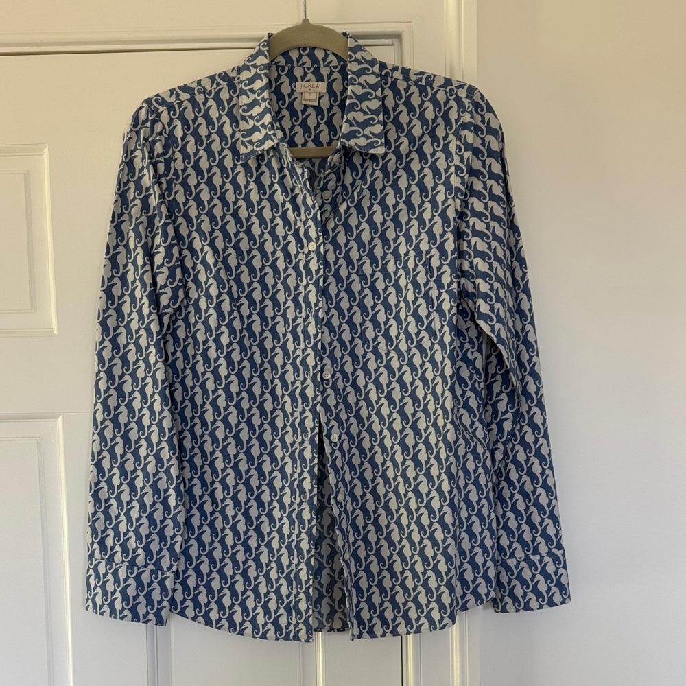 J Crew Blue & White Seahorse Print Button-Up Shirt